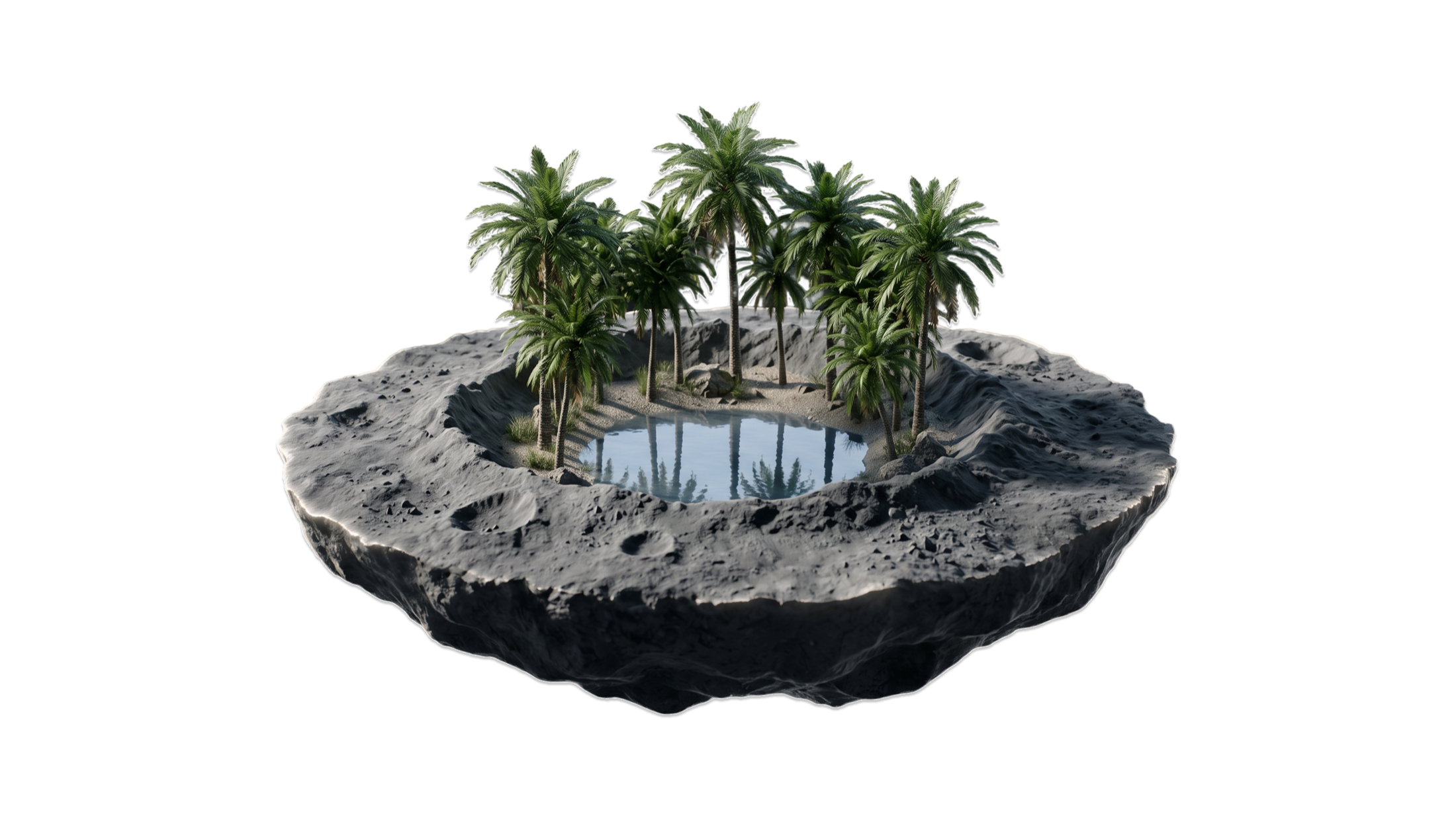 Floating engineered oasis — palms and a water pool on a levitating rock island